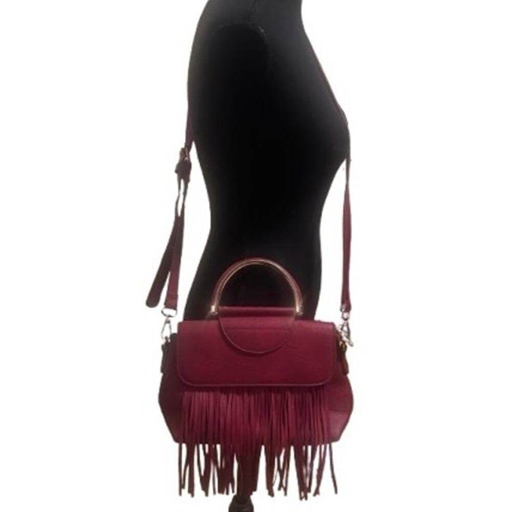 PETA Certified Vegan Faux Leather Burgundy Boho Fringe Festival Crossbody Bag - Picture 3 of 5